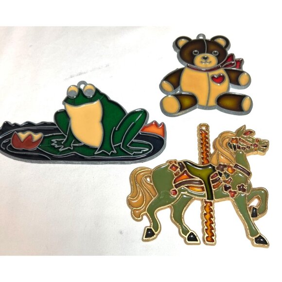 Vtg Set Of 3 Colorful Decorative Stained Glass Style Ornaments Frog Teddy Bear - Picture 2 of 3